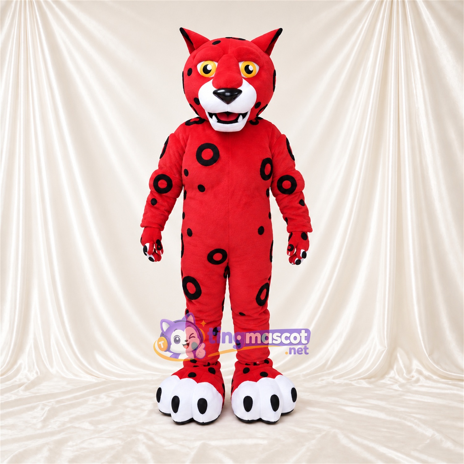Costume de mascotte Chat – rouge – Taches (noir); Pieds (blanc) Costume de mascotte Chat – rouge – Taches (noir); Pieds (blanc)