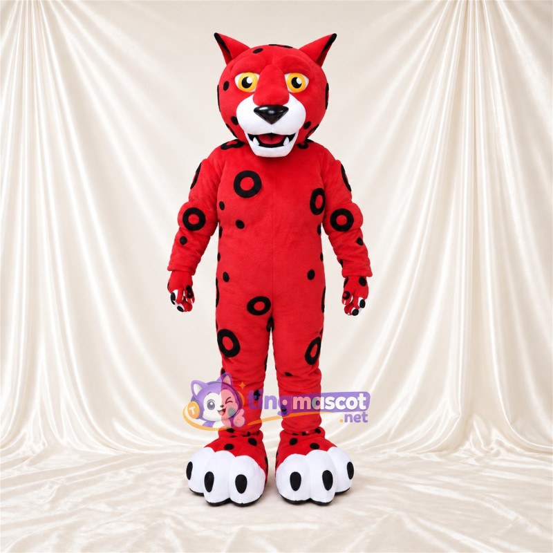 Costume de mascotte Chat – rouge – Taches (noir); Pieds (blanc) Costume de mascotte Chat – rouge – Taches (noir); Pieds (blanc)