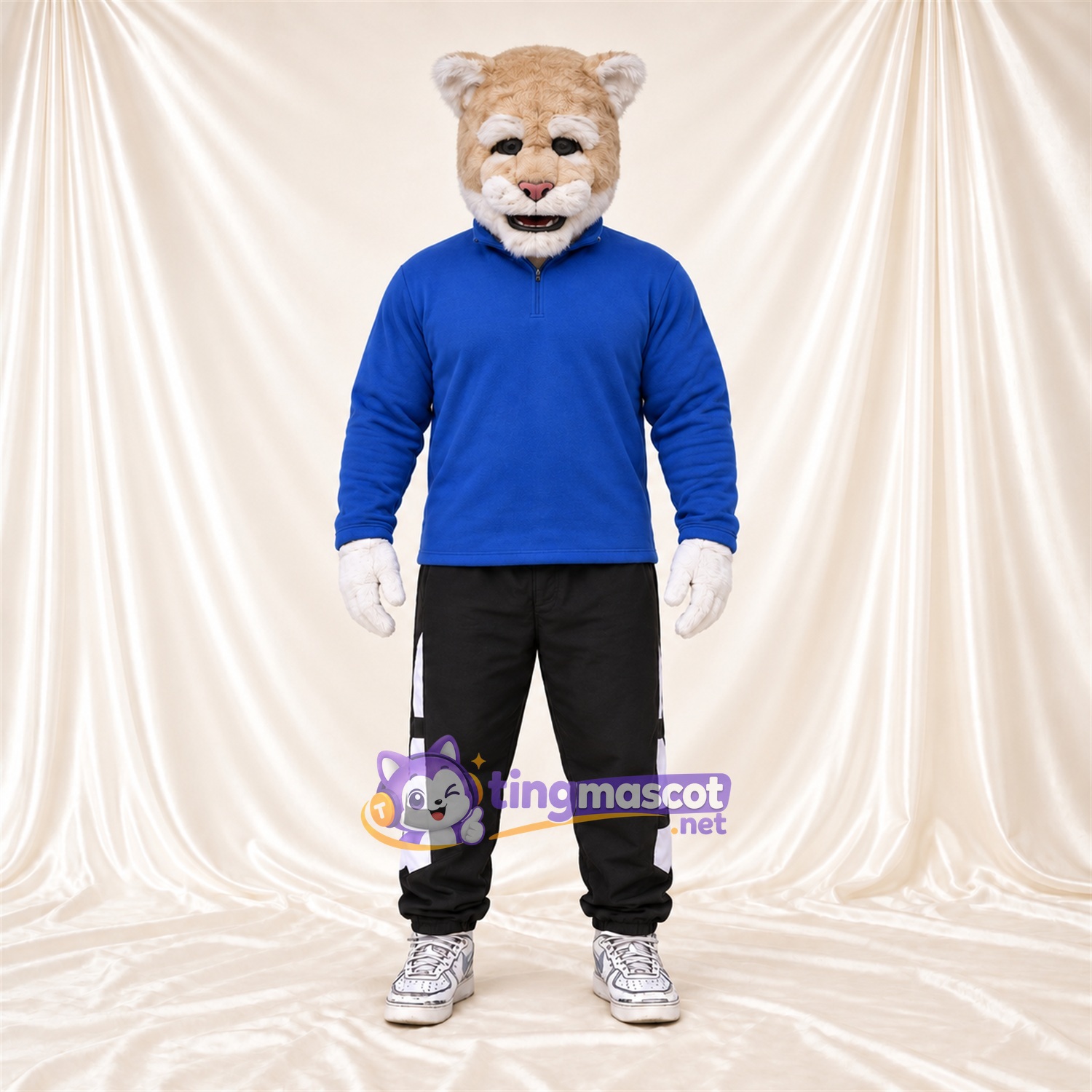 Costume de mascotte Lynx roux – brun clair – Haut (bleu); Pantalon (noir) Costume de mascotte Lynx roux – brun clair – Haut (bleu); Pantalon (noir)
