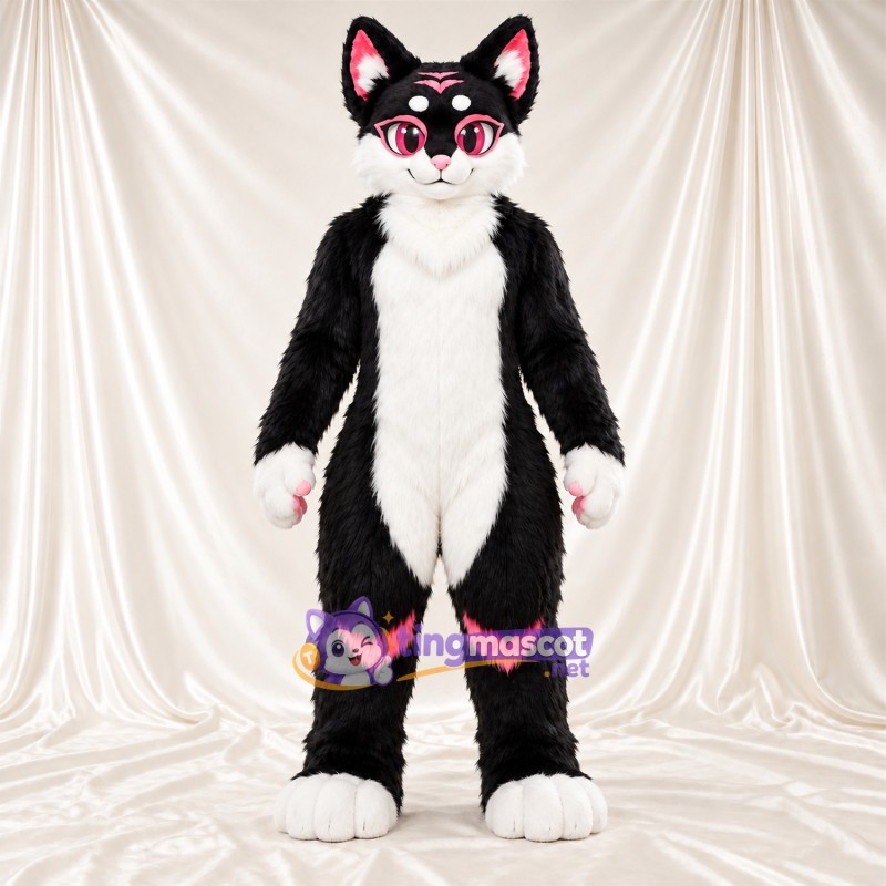 Black and White Cat Mascot Costume - Pink Accents Black and White Cat Mascot Costume - Pink Accents