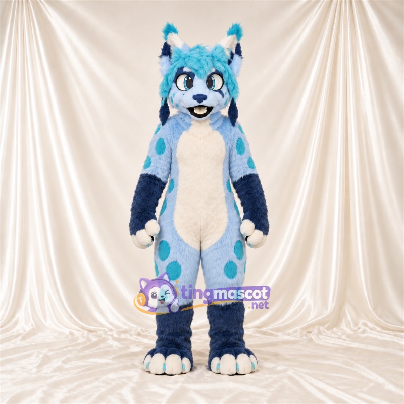 Blue and White Lynx Mascot Costume Blue and White Lynx Mascot Costume