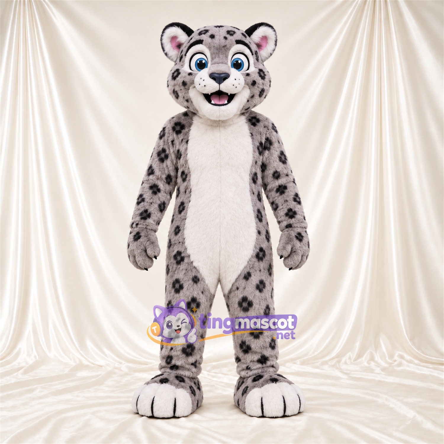 Gray and White Snow Leopard Mascot Costume - White Feet and Blue Eyes
