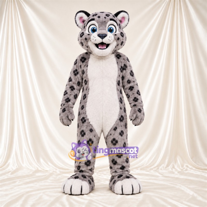 Gray and White Snow Leopard Mascot Costume - White Feet and Blue Eyes Gray and White Snow Leopard Mascot Costume - White Feet and Blue Eyes