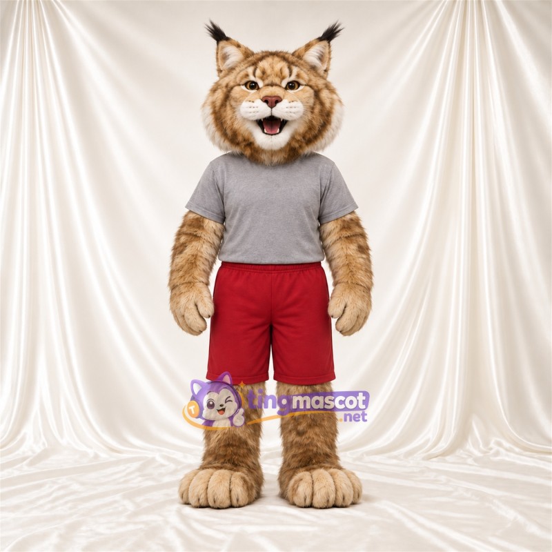 Costume de mascotte Lynx – brun clair – Chemise (gris); Short (rouge)
