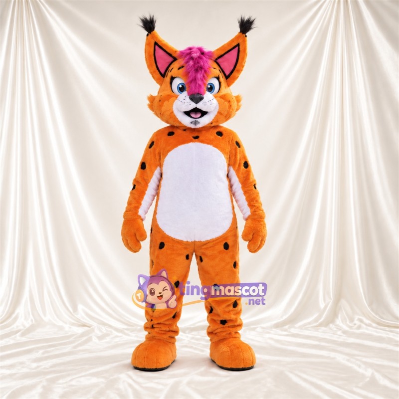 Costume de mascotte Lynx – orange / noir – Ventre (blanc); Touffe sur la tête (violet) Costume de mascotte Lynx – orange / noir – Ventre (blanc); Touffe sur la tête (violet)