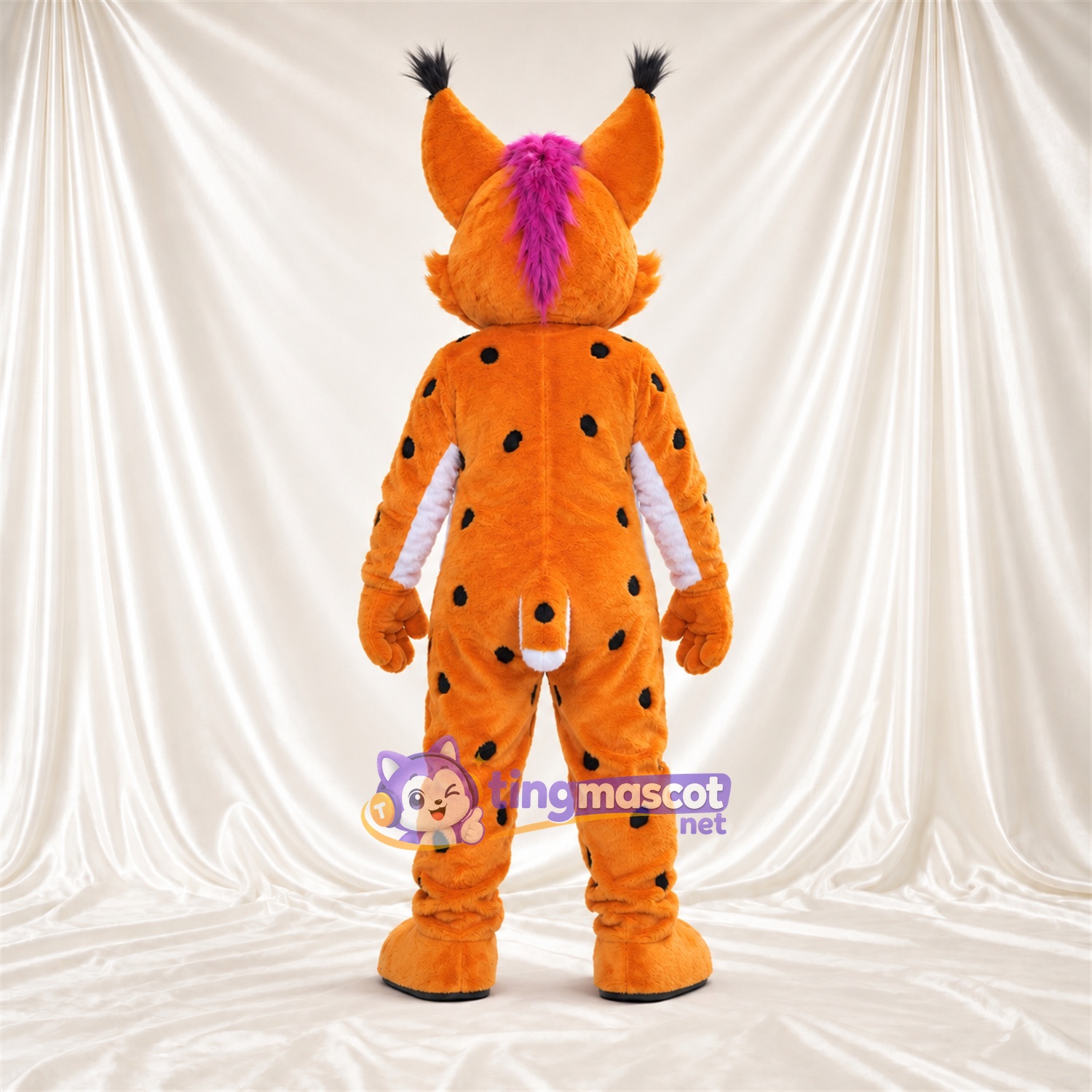 Costume de mascotte Lynx – orange / noir – Ventre (blanc); Touffe sur la tête (violet) Costume de mascotte Lynx – orange / noir – Ventre (blanc); Touffe sur la tête (violet)