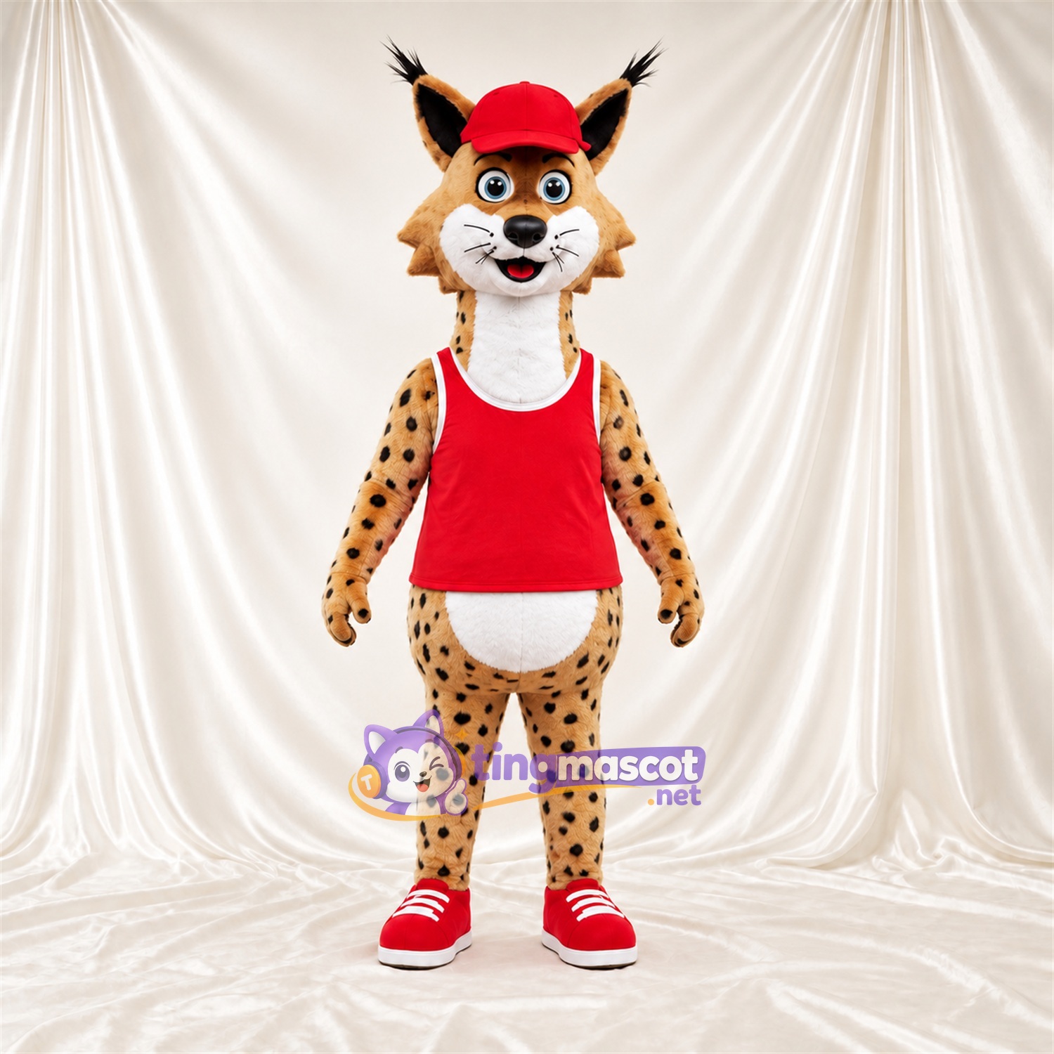 Costume de mascotte Lynx – orange / noir – Casquette (rouge); Chemise Costume de mascotte Lynx – orange / noir – Casquette (rouge); Chemise