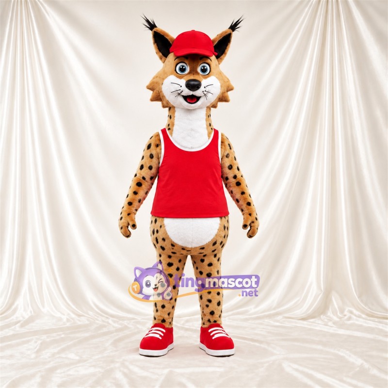 Costume de mascotte Lynx – orange / noir – Casquette (rouge); Chemise Costume de mascotte Lynx – orange / noir – Casquette (rouge); Chemise