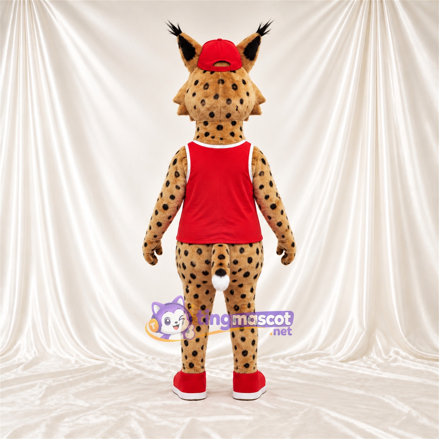 Costume de mascotte Lynx – orange / noir – Casquette (rouge); Chemise Costume de mascotte Lynx – orange / noir – Casquette (rouge); Chemise