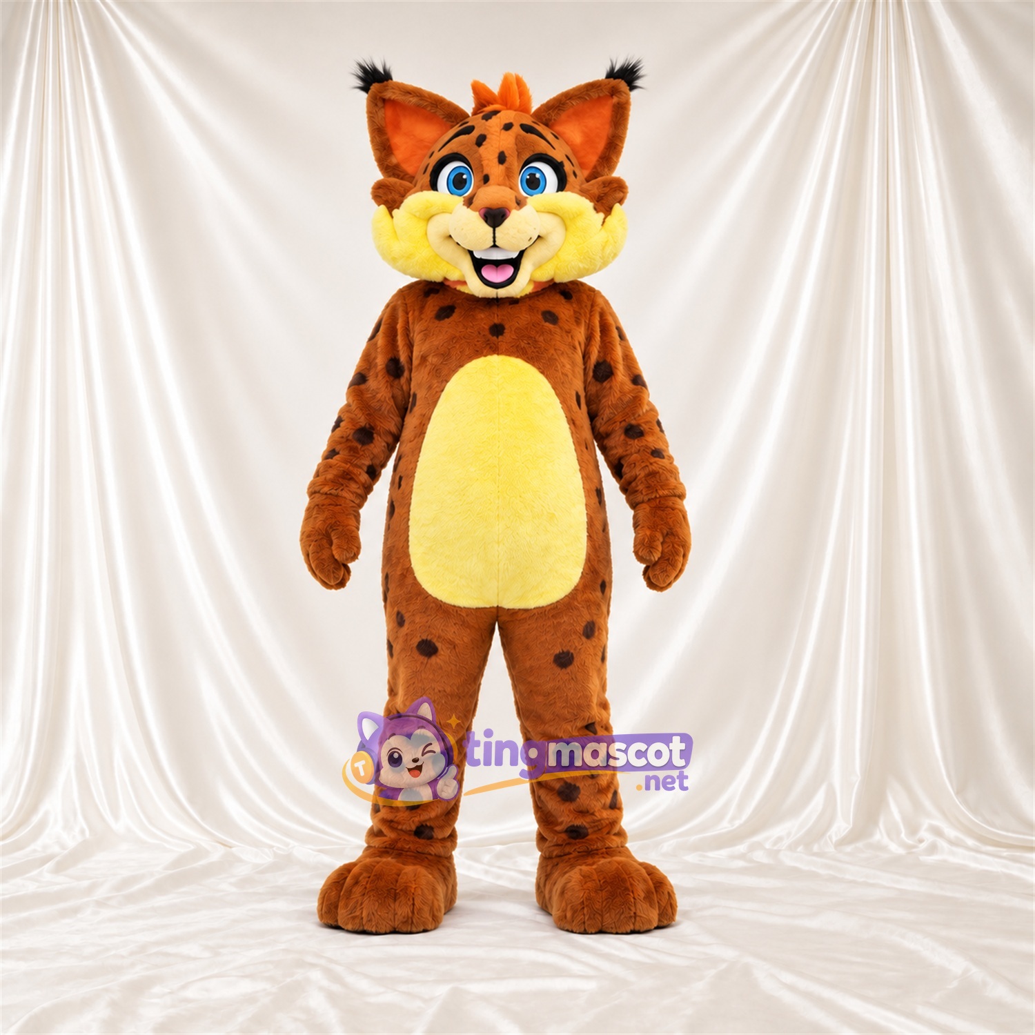 Costume de mascotte Lynx – orange / noir – Ventre (jaune); Taches (noir) Costume de mascotte Lynx – orange / noir – Ventre (jaune); Taches (noir)