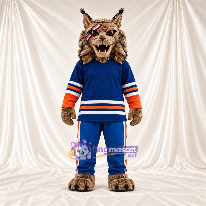 Costume de mascotte Chat sauvage – brun clair – Maillot; Pantalon (bleu) Costume de mascotte Chat sauvage – brun clair – Maillot; Pantalon (bleu)