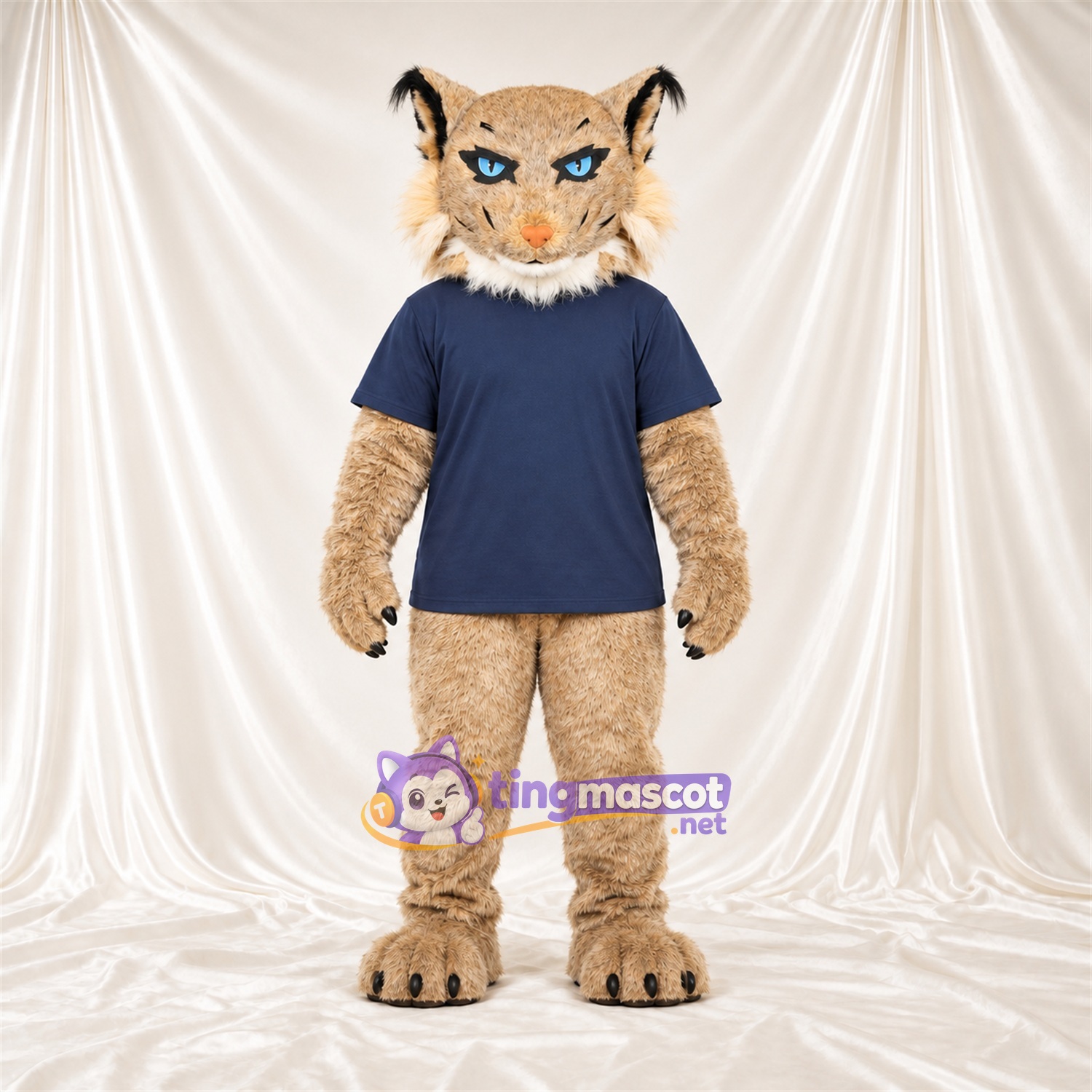Costume de mascotte Lynx – brun clair – Chemise (bleu marine) Costume de mascotte Lynx – brun clair – Chemise (bleu marine)