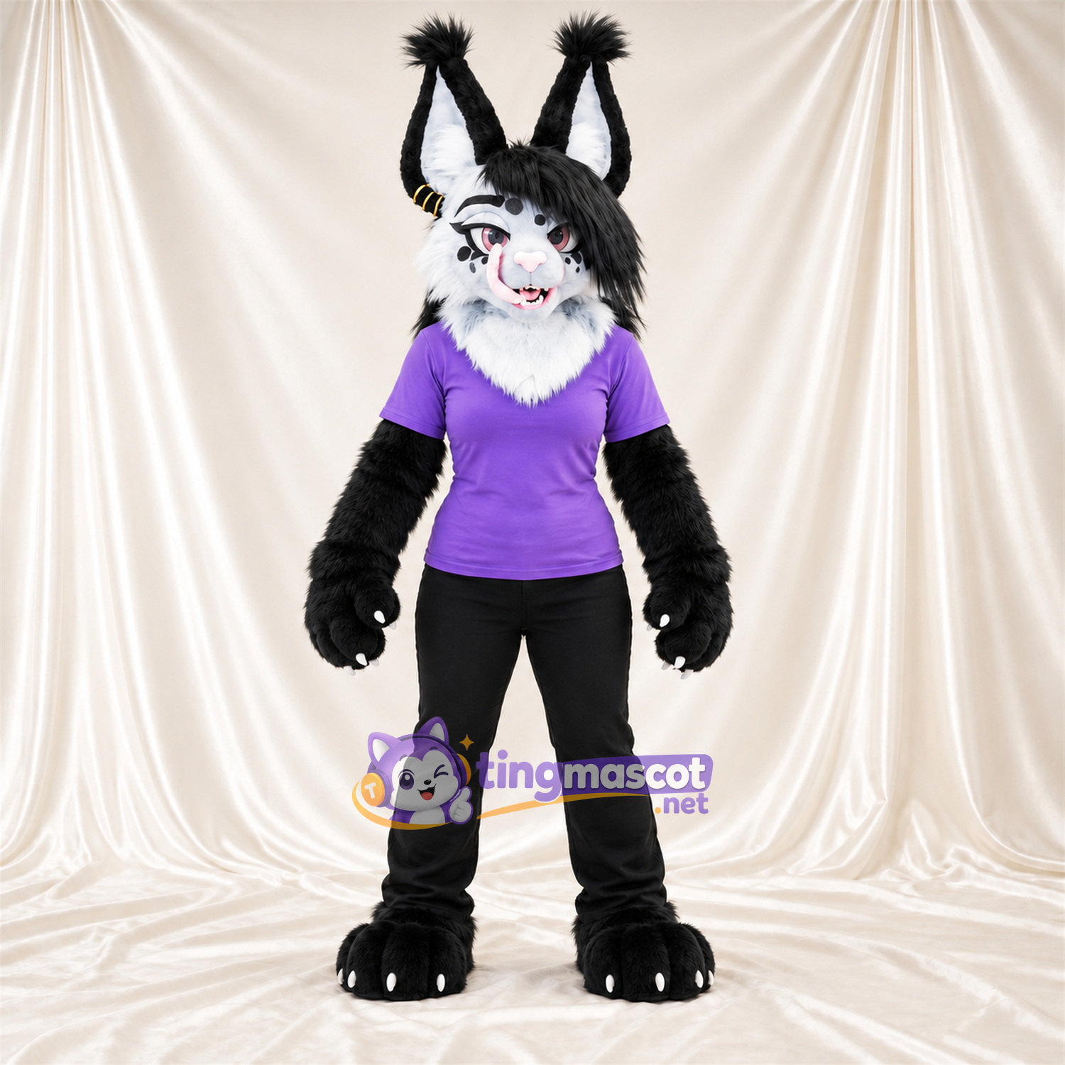 Black and White Lynx Mascot Costume - Purple Shirt Black and White Lynx Mascot Costume - Purple Shirt