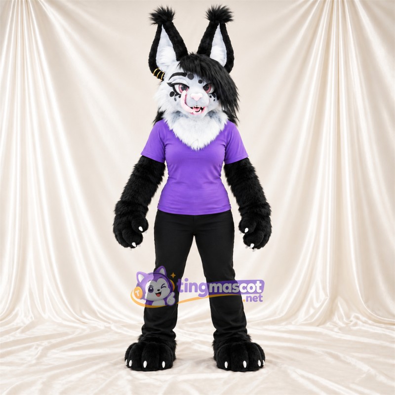 Black and White Lynx Mascot Costume - Purple Shirt Black and White Lynx Mascot Costume - Purple Shirt