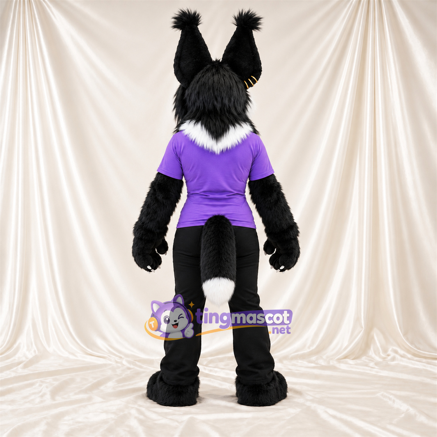 Black and White Lynx Mascot Costume - Purple Shirt Black and White Lynx Mascot Costume - Purple Shirt
