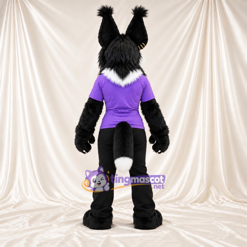 Black and White Lynx Mascot Costume - Purple Shirt Black and White Lynx Mascot Costume - Purple Shirt