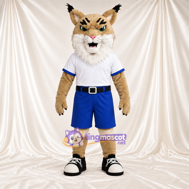Costume de mascotte Lynx – brun clair – Chemise (blanc); Short (bleu) Costume de mascotte Lynx – brun clair – Chemise (blanc); Short (bleu)