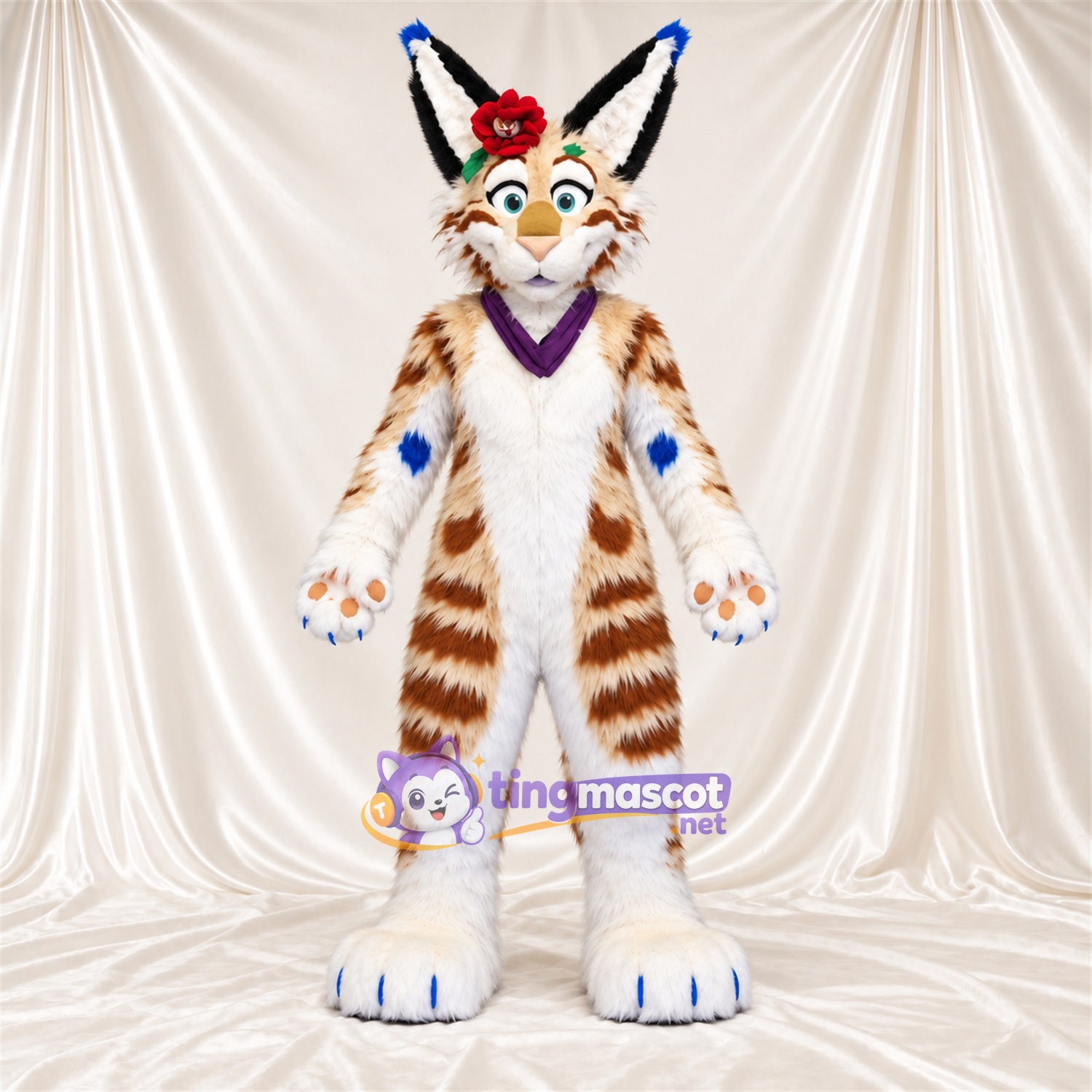 Brown and White Lynx Mascot Costume - Purple Neck Scarf and Red Flower Brown and White Lynx Mascot Costume - Purple Neck Scarf and Red Flower