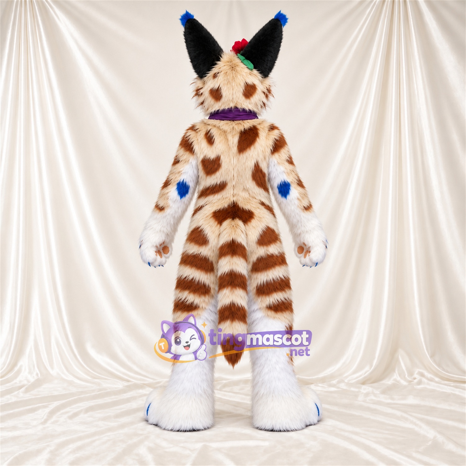 Brown and White Lynx Mascot Costume - Purple Neck Scarf and Red Flower Brown and White Lynx Mascot Costume - Purple Neck Scarf and Red Flower