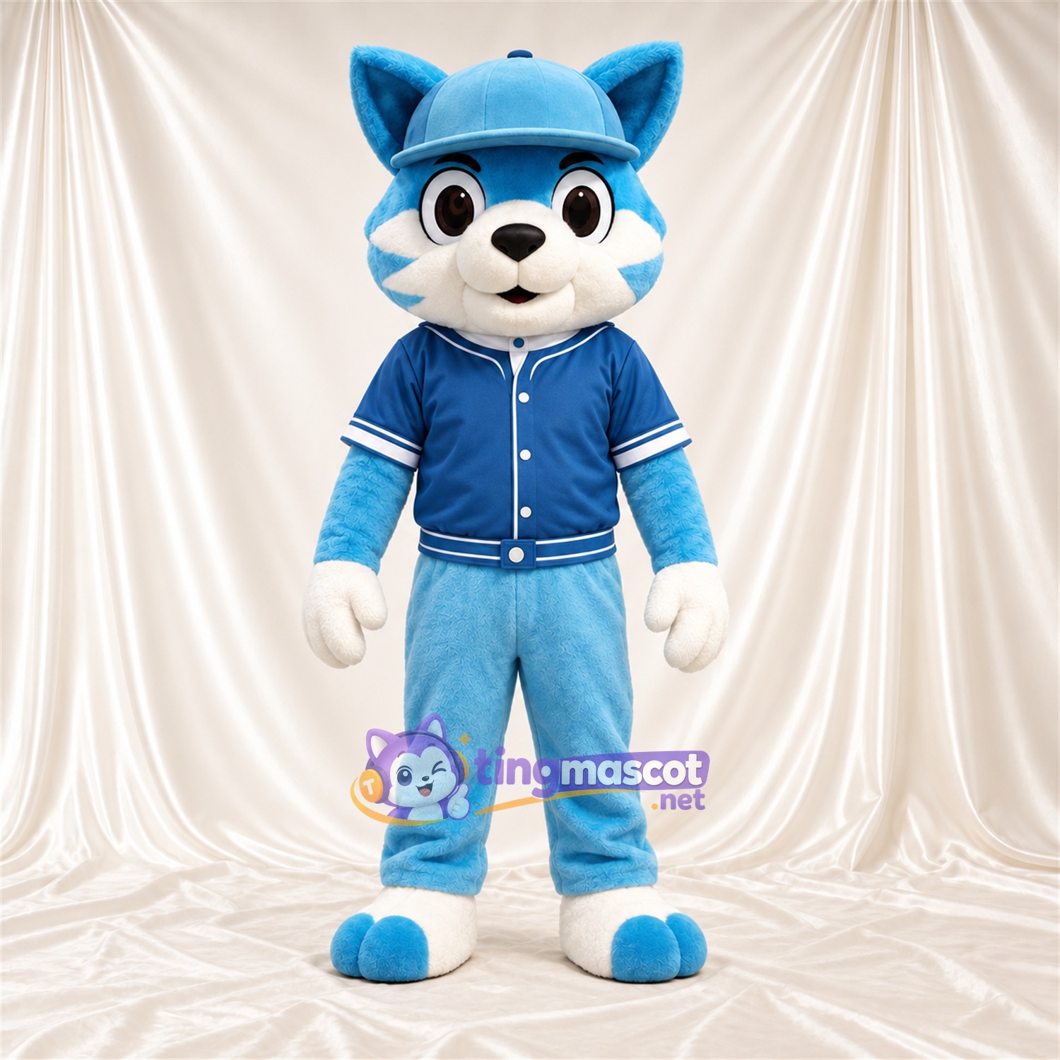 Blue and White Cat Mascot Costume - Blue Jacket and Cap Blue and White Cat Mascot Costume - Blue Jacket and Cap