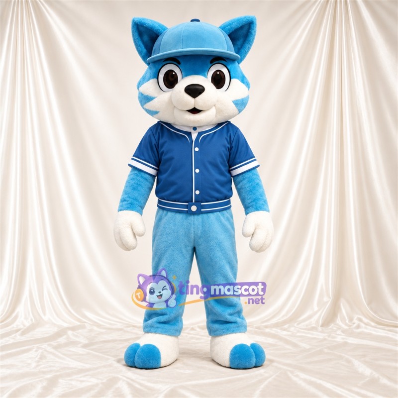 Blue and White Cat Mascot Costume - Blue Jacket and Cap Blue and White Cat Mascot Costume - Blue Jacket and Cap