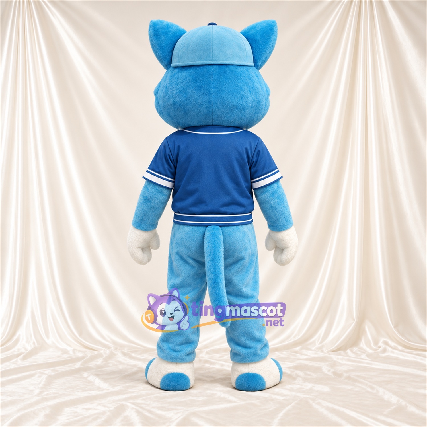 Blue and White Cat Mascot Costume - Blue Jacket and Cap Blue and White Cat Mascot Costume - Blue Jacket and Cap