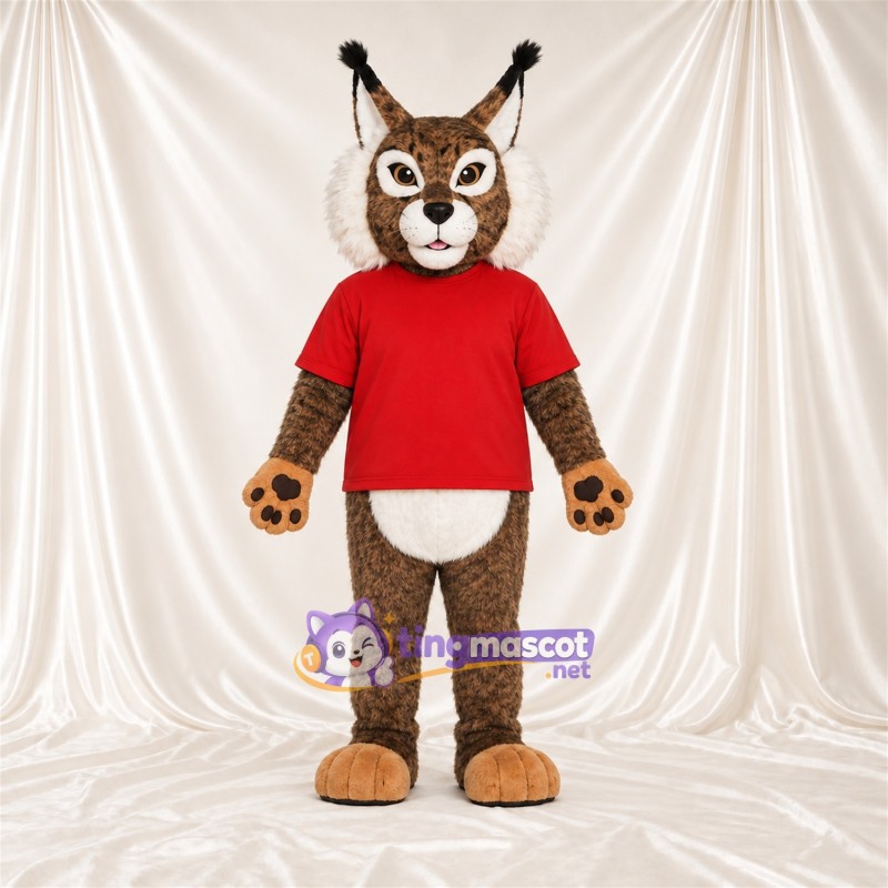 Brown and White Lynx Mascot Costume - Red Shirt Brown and White Lynx Mascot Costume - Red Shirt