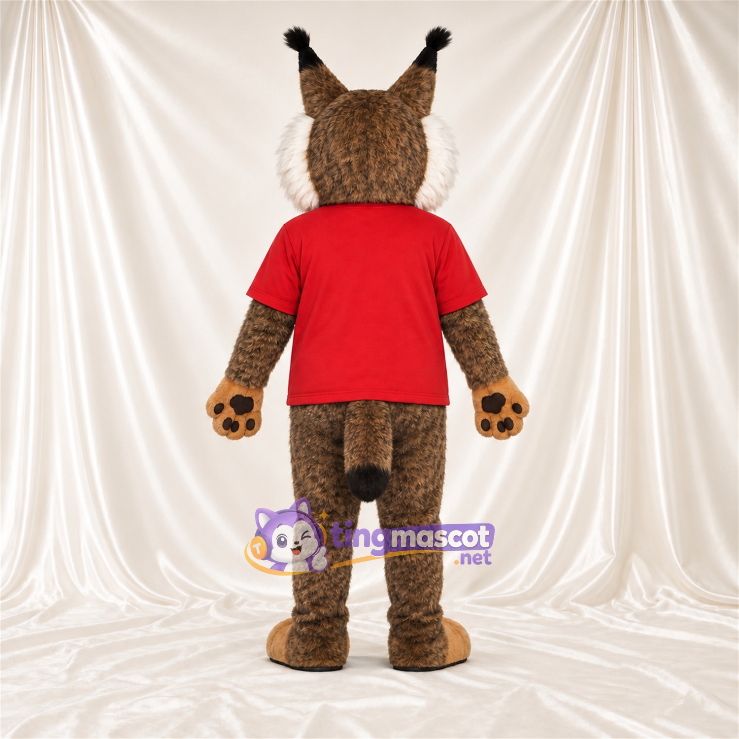 Brown and White Lynx Mascot Costume - Red Shirt Brown and White Lynx Mascot Costume - Red Shirt