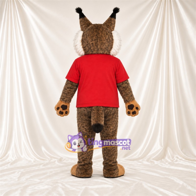 Brown and White Lynx Mascot Costume - Red Shirt Brown and White Lynx Mascot Costume - Red Shirt