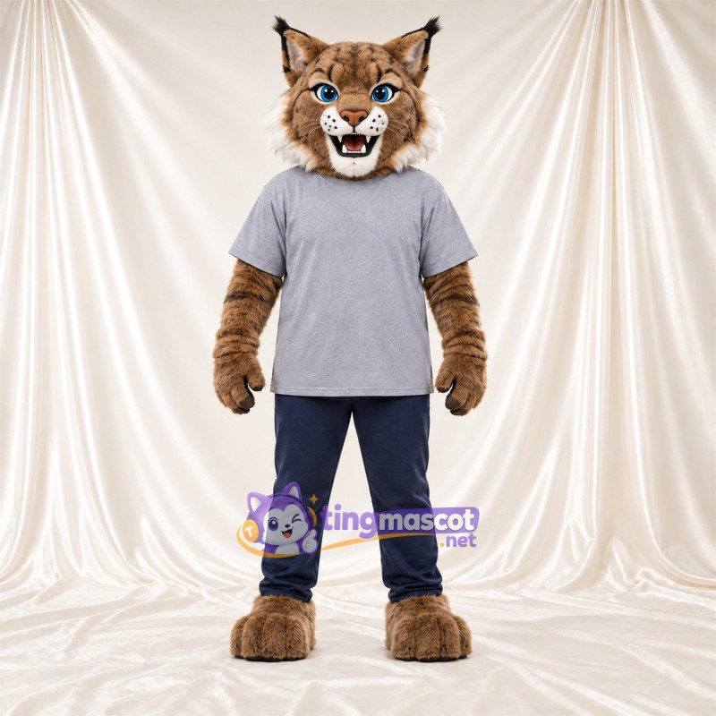 Costume de mascotte Lynx – brun clair – Chemise (gris); Pantalon (bleu marine) Costume de mascotte Lynx – brun clair – Chemise (gris); Pantalon (bleu marine)