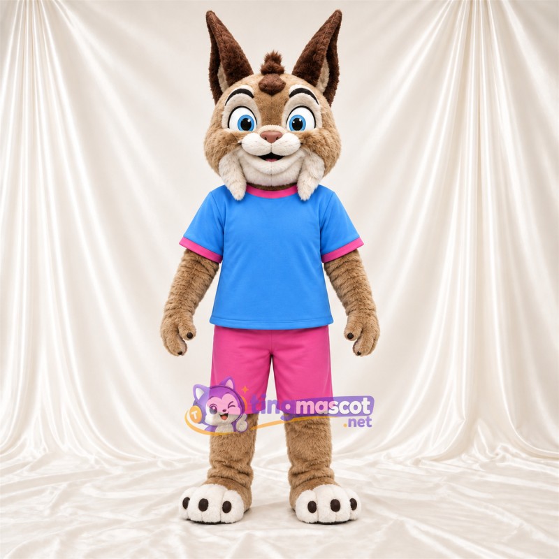 Costume de mascotte Lynx – brun clair – Chemise (bleu); Short (rose) Costume de mascotte Lynx – brun clair – Chemise (bleu); Short (rose)