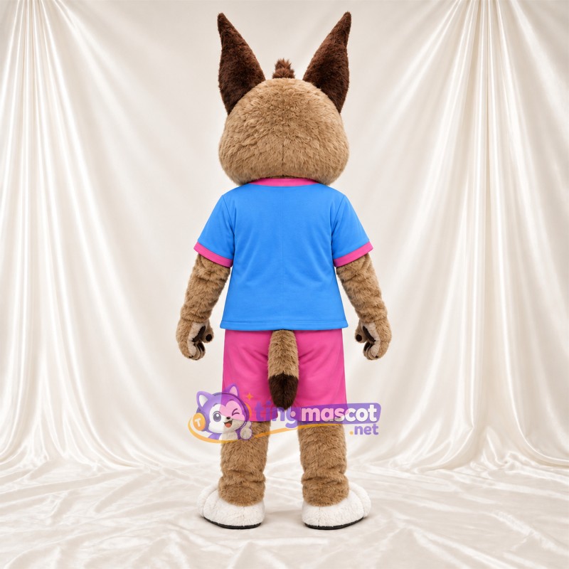 Costume de mascotte Lynx – brun clair – Chemise (bleu); Short (rose) Costume de mascotte Lynx – brun clair – Chemise (bleu); Short (rose)