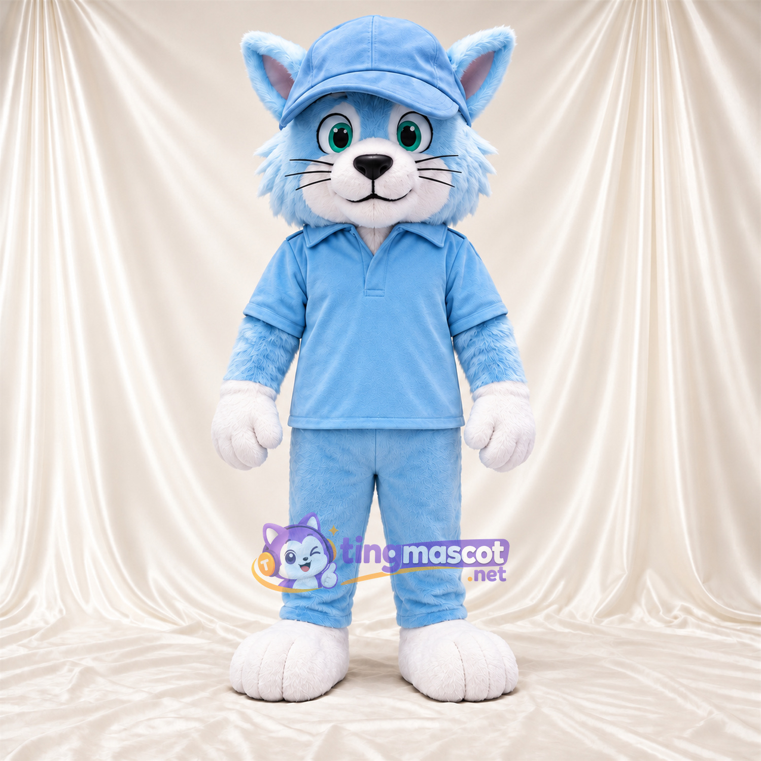 Costume de mascotte Chat – bleu / blanc – Survêtement (bleu); Casquette Costume de mascotte Chat – bleu / blanc – Survêtement (bleu); Casquette