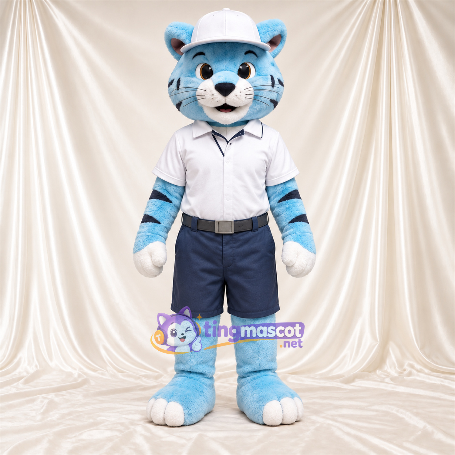 Blue Tiger Mascot Costume - White Shirt, Navy Shorts and Cap Blue Tiger Mascot Costume - White Shirt, Navy Shorts and Cap
