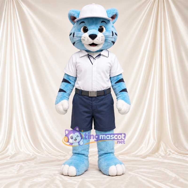 Blue Tiger Mascot Costume - White Shirt, Navy Shorts and Cap Blue Tiger Mascot Costume - White Shirt, Navy Shorts and Cap