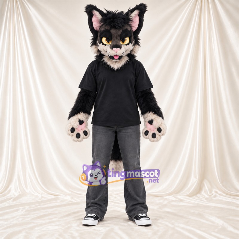 Black Lynx Mascot Costume - Black Shirt and Gray Pants Black Lynx Mascot Costume - Black Shirt and Gray Pants