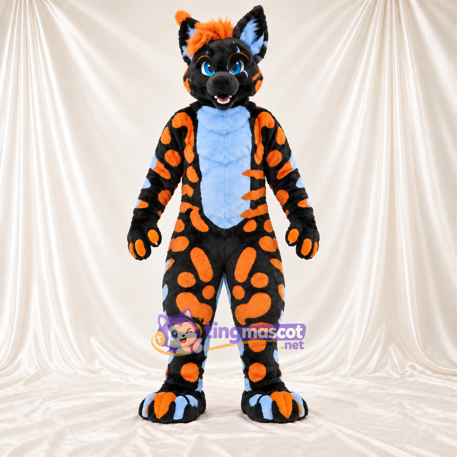 Costume de mascotte Chien – noir / orange – Ventre (bleu); Queue rayée Costume de mascotte Chien – noir / orange – Ventre (bleu); Queue rayée