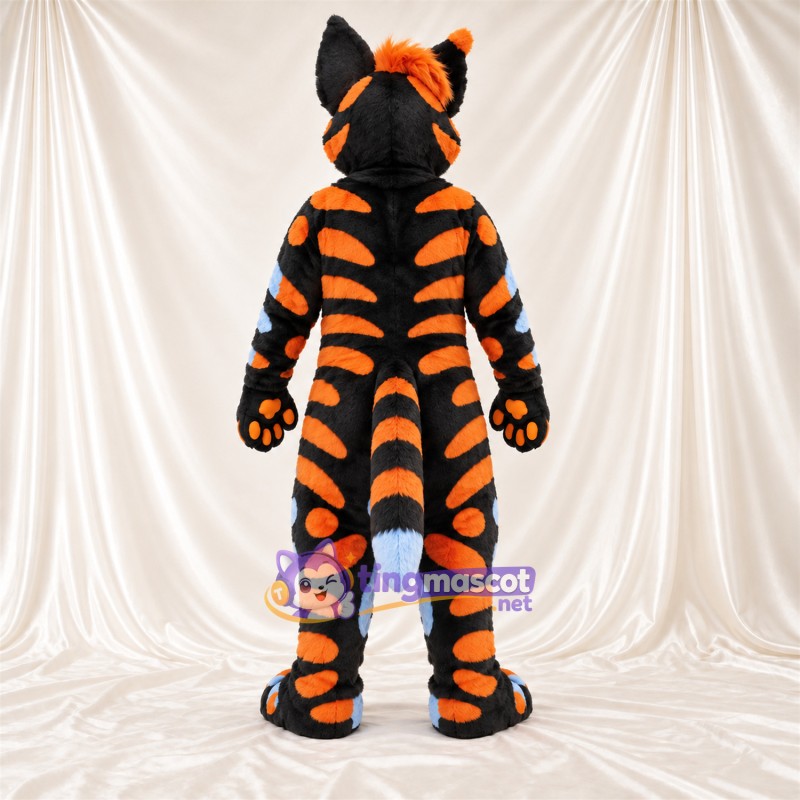 Costume de mascotte Chien – noir / orange – Ventre (bleu); Queue rayée Costume de mascotte Chien – noir / orange – Ventre (bleu); Queue rayée