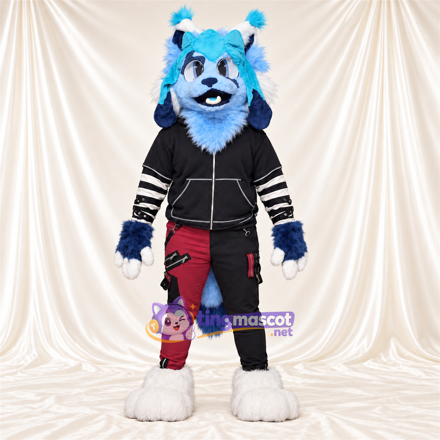 Blue and White Lynx Mascot Costume - Black Hoodie and Burgundy Pants Blue and White Lynx Mascot Costume - Black Hoodie and Burgundy Pants