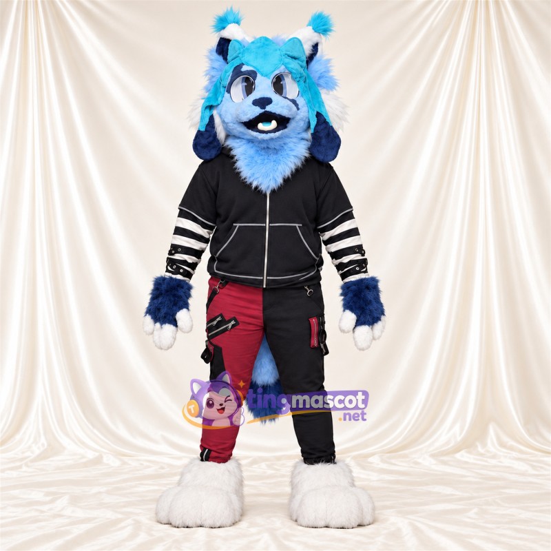 Blue and White Lynx Mascot Costume - Black Hoodie and Burgundy Pants Blue and White Lynx Mascot Costume - Black Hoodie and Burgundy Pants