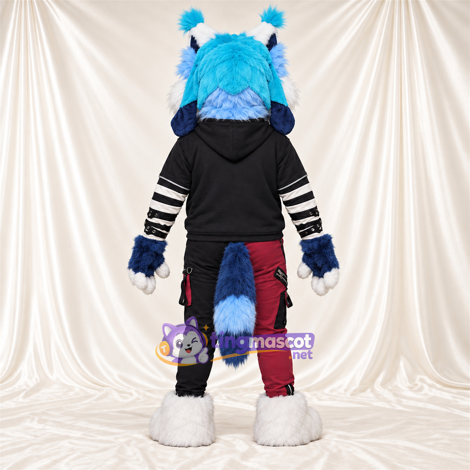 Blue and White Lynx Mascot Costume - Black Hoodie and Burgundy Pants Blue and White Lynx Mascot Costume - Black Hoodie and Burgundy Pants