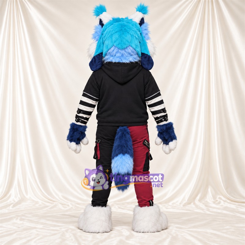 Blue and White Lynx Mascot Costume - Black Hoodie and Burgundy Pants Blue and White Lynx Mascot Costume - Black Hoodie and Burgundy Pants