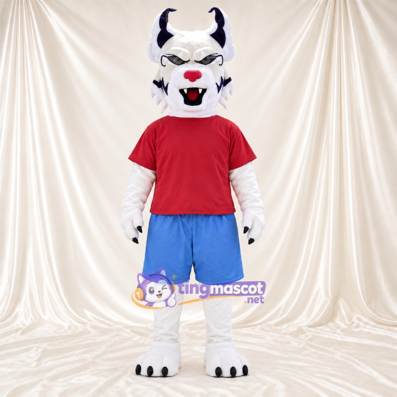 Costume de mascotte Monstre – blanc – Cornes (violet); Chemise (rouge) Costume de mascotte Monstre – blanc – Cornes (violet); Chemise (rouge)