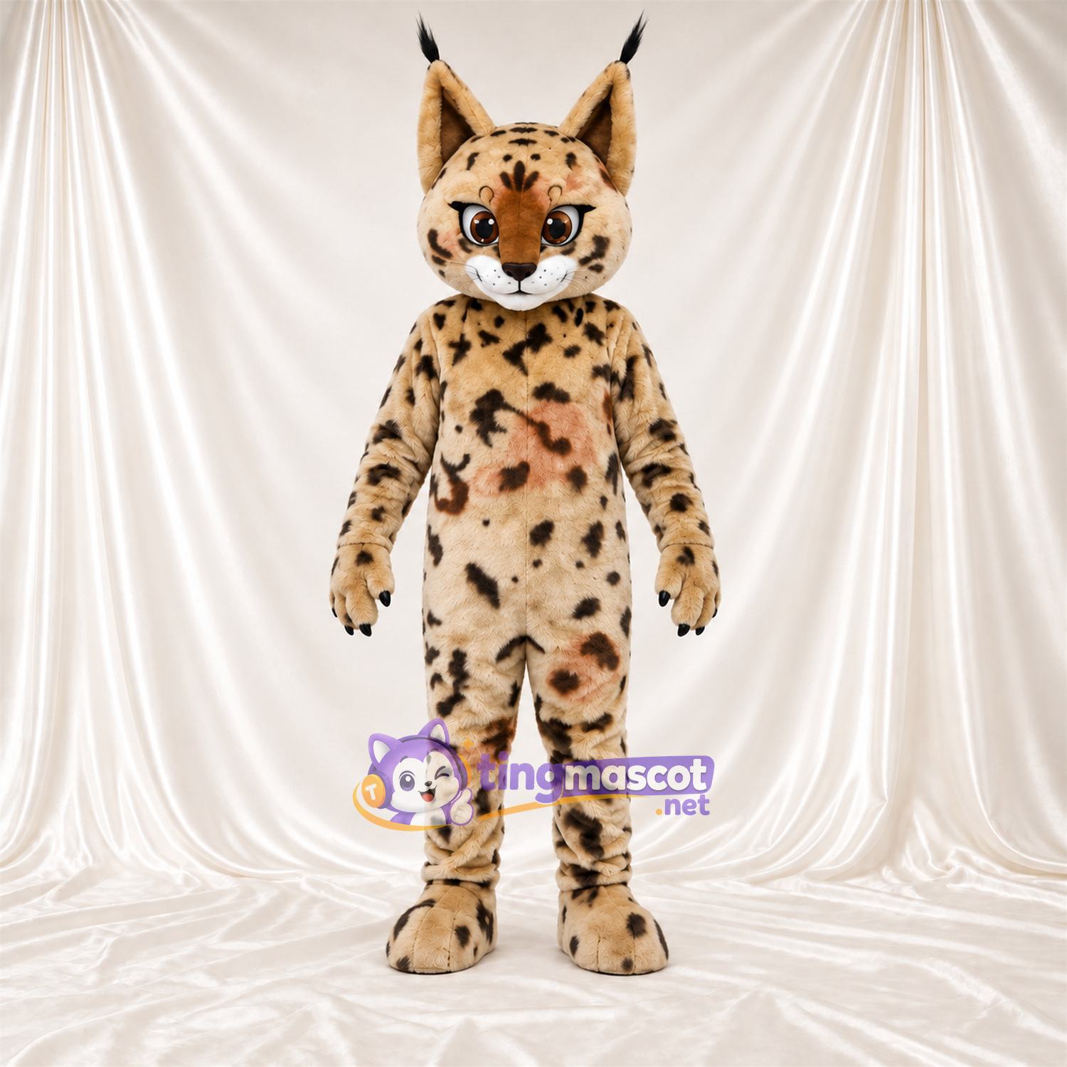 Costume de mascotte Lynx – brun clair – Longues oreilles; Taches (noir) Costume de mascotte Lynx – brun clair – Longues oreilles; Taches (noir)