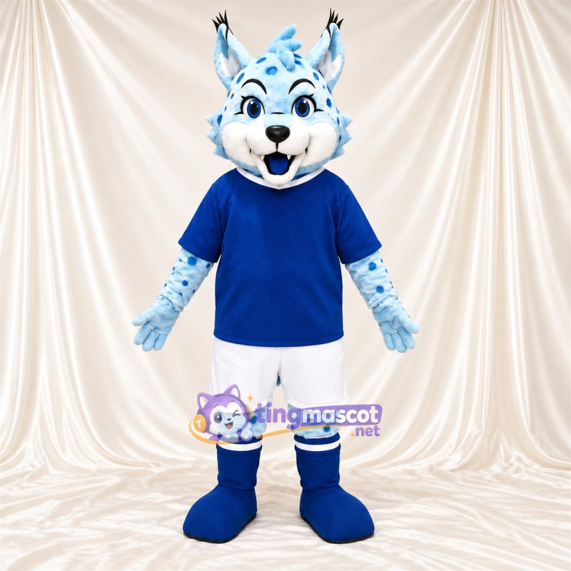 Blue and White Lynx Mascot Costume - Blue Shirt and White Shorts, Blue Spots and White Toes Blue and White Lynx Mascot Costume - Blue Shirt and White Shorts, Blue Spots and White Toes