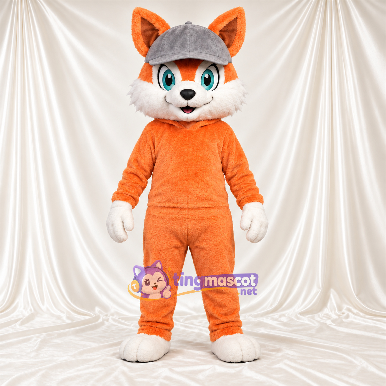 Maskottchenkostüm Fuchs – orange / weiß – Kapuzenpullover (orange); Kappe (grau) Maskottchenkostüm Fuchs – orange / weiß – Kapuzenpullover (orange); Kappe (grau)