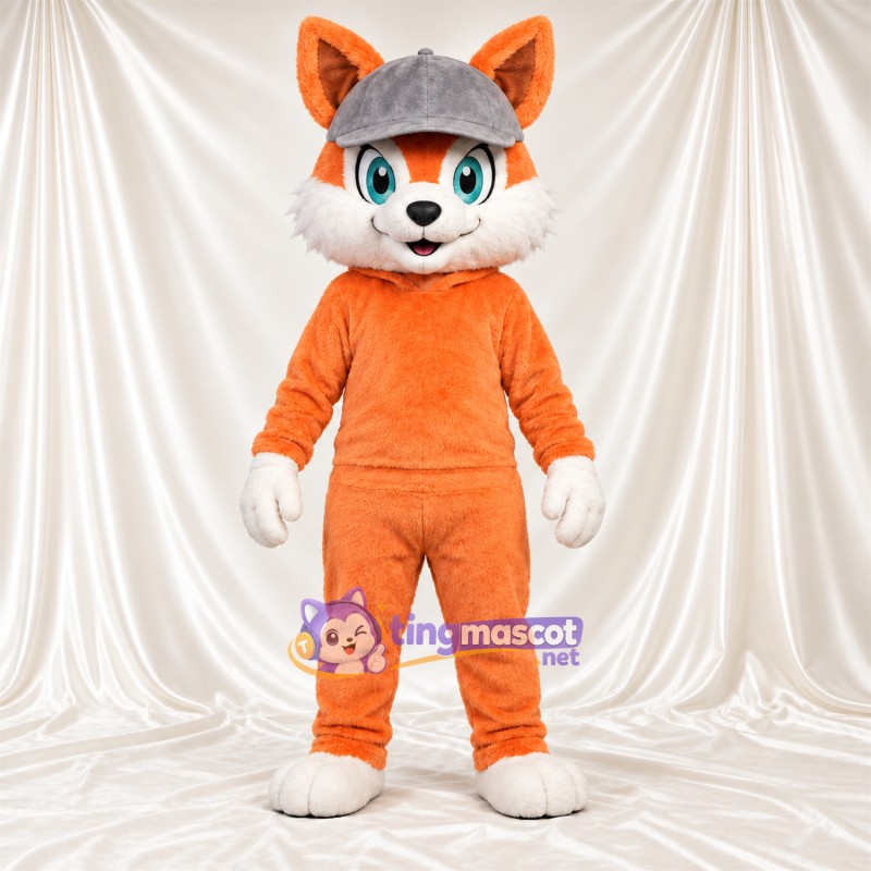 Maskottchenkostüm Fuchs – orange / weiß – Kapuzenpullover (orange); Kappe (grau) Maskottchenkostüm Fuchs – orange / weiß – Kapuzenpullover (orange); Kappe (grau)