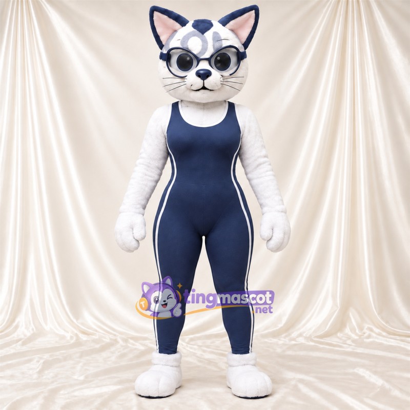 Costume de mascotte Chat – blanc / bleu – Lunettes de protection Costume de mascotte Chat – blanc / bleu – Lunettes de protection