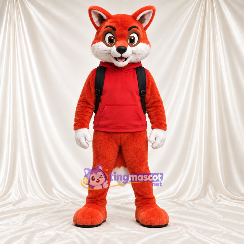 Maskottchenkostüm Fuchs – orange / weiß – Trainingsanzug (rot); Rucksack (schwarz) Maskottchenkostüm Fuchs – orange / weiß – Trainingsanzug (rot); Rucksack (schwarz)