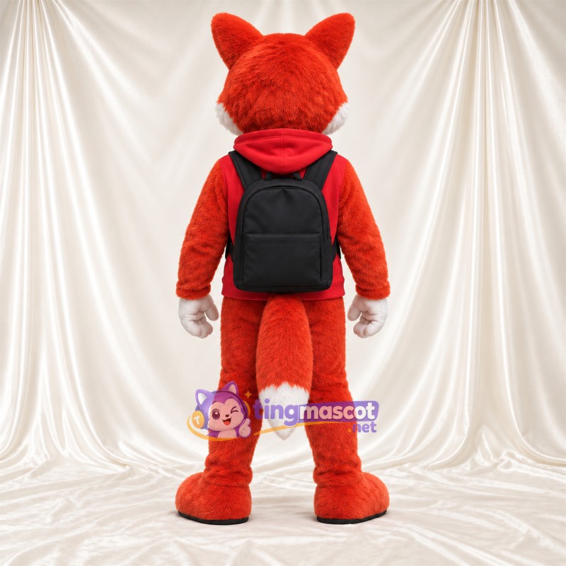 Maskottchenkostüm Fuchs – orange / weiß – Trainingsanzug (rot); Rucksack (schwarz) Maskottchenkostüm Fuchs – orange / weiß – Trainingsanzug (rot); Rucksack (schwarz)